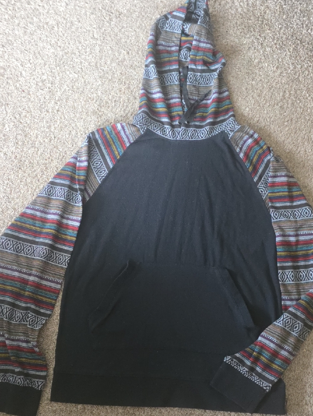Men's Black Crewneck Hoodie Sweater with Multicolor Patterned Sleeves